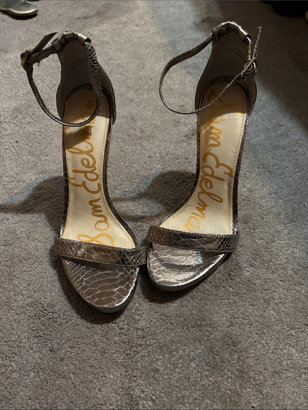 Sam Edelman Metallic Snake-Embossed Ankle-Strap Heels - Silver